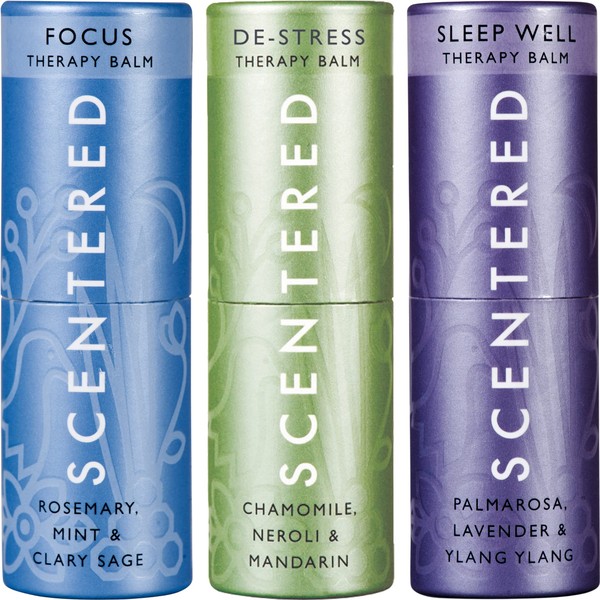Scentered Aromatherapy Essential Oils Balm Gift Set - Calm & Confident - Pack of 3 Portable Balms: Sleep Well, De-Stress, Focus
