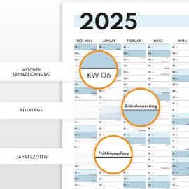 MaFab Products XXL Wandkalender 2025 groß (90x60cm) - Jahresplaner 2025 quer als Kalender für die Wand - Jahreskalender für 14 Monate mit Ferienübersicht - Kalender gefalzt für das Büro