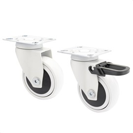 Wagner Design - 3C - Swivel Castors / Apparatus Castors / Furniture Castors 2-Piece Set, White, 1 Roll without and 1 with Lock, Soft Tread, Diameter 75 mm, Ball Bearing, Load Capacity 75 kg / Roll -
