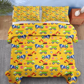 Pamnest Quilt Set Twin Size, Cartoon Construction Car 2 Pcs Soft Bed Cover Bedding Set for Kids and Adults, Cute Truck Lightweight Bedspread Coverlet with Pillow Sham for All Season