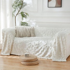 Guchuang Bedding Cream White Fleece Throw Blanket 150x200cm - Ultra Soft Plush Fuzzy Blanket for Couch, Bed & Travel, Leaf Decorative Throws for All Seasons