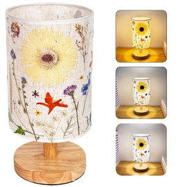 petitepop Dried Flowers Table Lamp,5w Led 3-Color Pressed Floral Beside Lamp,Cute Vintage Linen Shade Desk Lamp for Bedroom Office with Wood Base