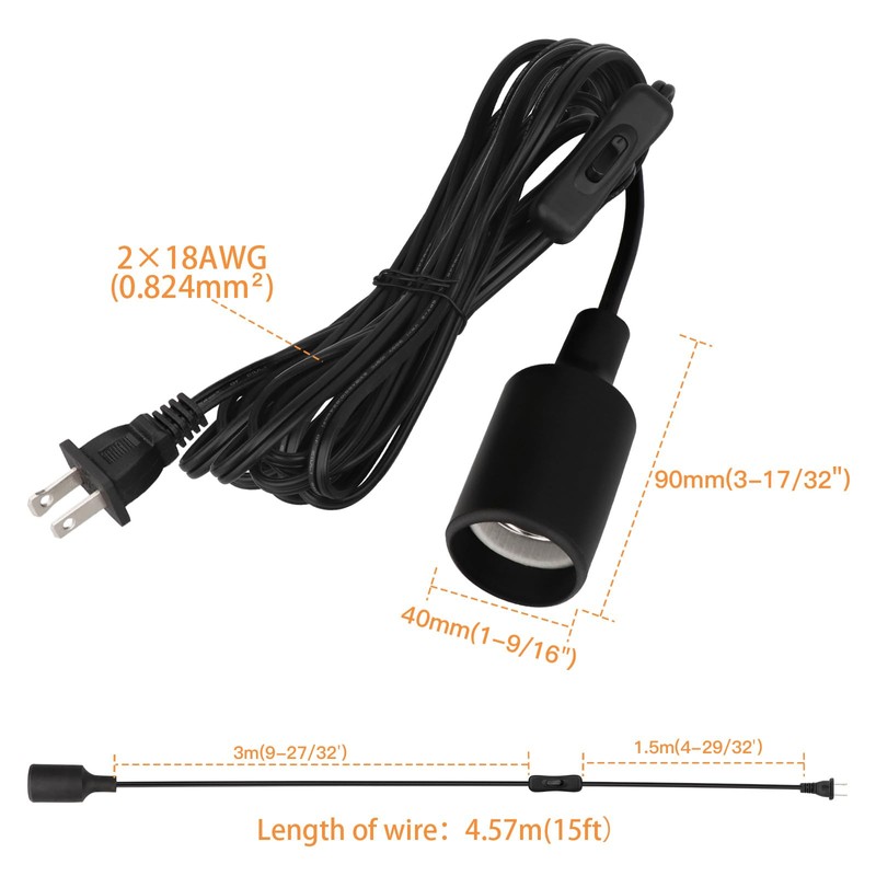 Zevnico 15ft Pendant Light Cord Socket, E26 Hanging Lamp Socket