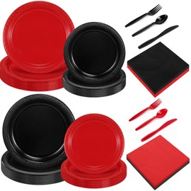 Uiifan 144 Pcs Plastic Plates for Party Set 9" Dinner Plates 7" Dessert Plate Disposable Tableware Set for 24 Guests with Plastic Spoons Forks Knives Napkins for Birthday Wedding (Red,Black)