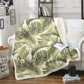 Tropical Leaves Fleece Throw Blanket Botanical Pattern Plush Blanket for Couch Bed Sofa Leaf Branches Sherpa Blanket Nature Theme Green Fuzzy Blanket Bedroom Decor Single 50"x60"