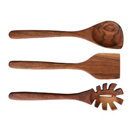 Laon Kitchen Utensils Set of 3 Acacia Wood Spatula Serving Spoon Mixing Spoon Spaghetti Spoon Height 1.5 x Length 31 x Width 7.5 cm Natural