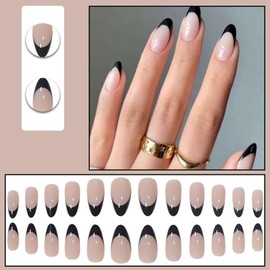 24 PCS Christmas Press on Nails Short Almond - ZWENJIE Winter Cute Sequins Fake Nails Press ons Nail Black French Art Tips with Glossy Design Full Cover Acrylic False Nails Glue on Nails Kit for Woman