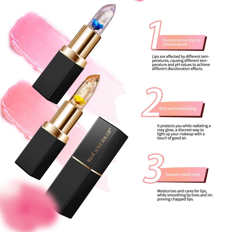 BLUE LOVE Color Changing Flower Lipstick, Jelly Temperature Change Clear