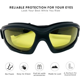 Yellow Motorcycle Riding Goggles: Night Vision Nighttime Riding Goggles"No Foam" Design w/Hard Case, Microfiber Cleaning Cloth & Pouch Included (Yellow Lens)