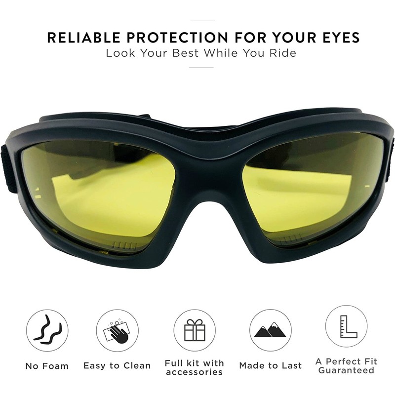 Yellow Motorcycle Riding Goggles: Night Vision Nighttime Riding Goggles"No Foam"