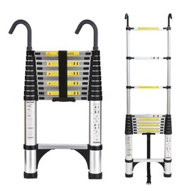 Telescoping Ladder, 10.5 FT Aluminum Lightweight Extension Ladder with 2 Stable Hooks, 2 Triangle Stabilizers & Non-Slip Feet, Heavy Duty 330 Lbs Max Capacity, Ideal for Home, RV & Outdoor Work