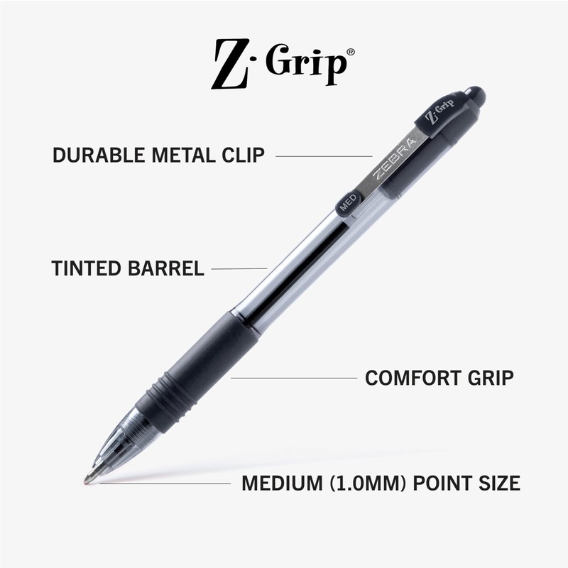 Zebra Pen Z-Grip Retractable Ballpoint Pen, Smooth-Flowing Black Ink, 1.0mm