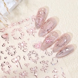 5D Embossed Heart Nail Stickers Self-Adhesive Rose Gold Bows Nail Art Stickers Pearl Star Love Nail Decals for Acrylic Nails Spring Valentines Nail Stickers for Women Girls DIY Manicure Nail Supplies