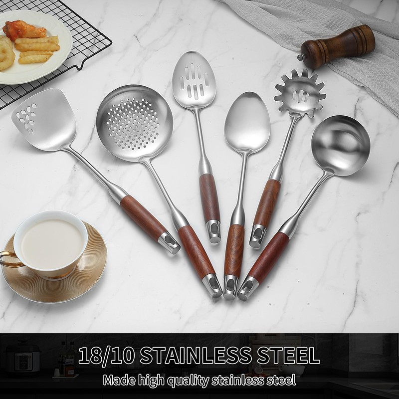 Stainless Steel Kitchen Utensils Set with Wood Handle, 18/10 Metal