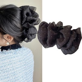 HAPVITAL Ruffled Ribbon Hair Claw Large Cute Hair Clip Mature Hair Accessory Ruffle Ribbon Hair Claw Large Cute Hair Clip Mature Hair Accessory (Black)