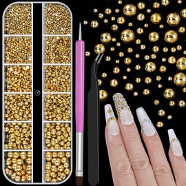 2160 Pcs Resin Half Round Pearls Kit,Mixed Sizes Flatback Gold Pearls,3D Nail Decorations Pearl with Tweezers and Dual-end Brush for 3D Nail Crafts DIY,Face Makeup Gems Jewels