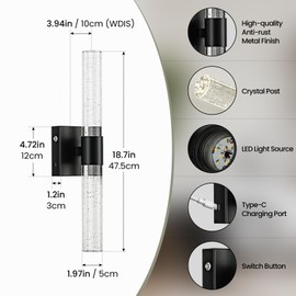 CCYCOL Battery Operated Wireless Wall Sconces Set of Two, Rechargeable Black Wall Sconce Set of 2 with Remote Control, Modern LED Wall Light for Bedroom, Living Room, Hallway (4000K)