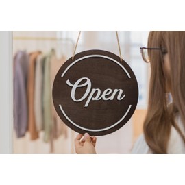 Wooden Open Closed Double Sided Hanging Sign (Design 2) - 11" Classy Round Circular Dark Wood Small Business Office Front Door Indicator Flip Signage with White Rope, Local Coffee Tea Cafe Restaurant