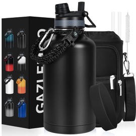 GAZLEMHO Insulated Water Bottle 64 oz, Half Gallon Water Jug Cold 48H, BPA Free Stainless Steel Bottles with Straw/Chug 2-in-1 Lid, Bag, Paracord Handle, Silicone Boot, Sports Gym School Metal Flask