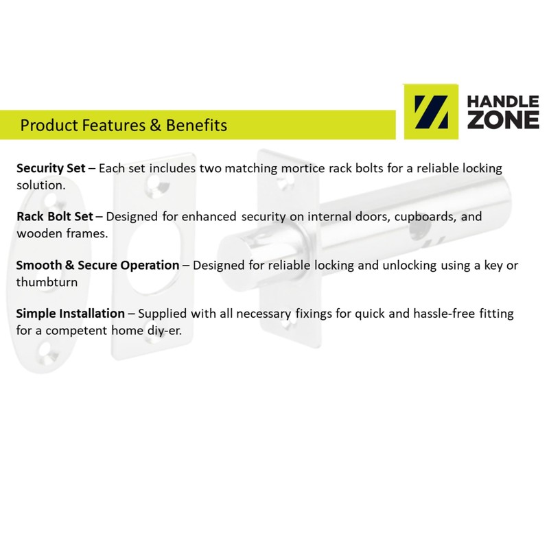 HANDLEZONE® 2 Pack Mortice Security Door Bolts, 60mm Rack Bolt