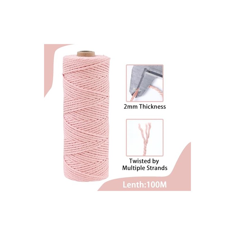 POPOYU 2mm Macrame Cord,100m Natural Cotton Macrame Rope,Light Pink Macrame