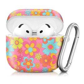 Compatible with AirPod 4th Generation 2024 Case, Shockproof Anti-Drop Protective Cover, Cute Case for Women Men with Keychain(Vintage Pink Hippie Flower)