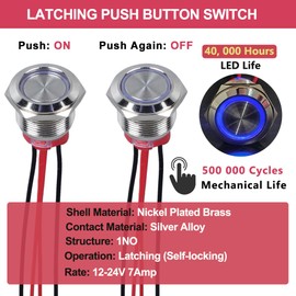 DMWD 2Pcs 19mm Metal Latching Push Button Switch Waterproof 7Amp 12V-24V ON-Off 1NO with Cable for 3/4" Mounting Hole (Self-Locking Blue LED)