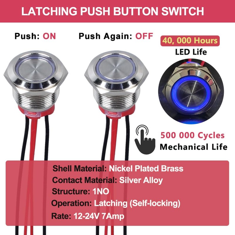 DMWD 2Pcs 19mm Metal Latching Push Button Switch Waterproof 7Amp