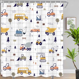Drgilau Excavator Shower Curtain for Kids, Cartoon Truck Shower Curtain Cute Construction Truck Bathroom Curtain Decor, Waterproof Kids Shower Curtain Set Bathroom Decor Accessories 72X72 Inch