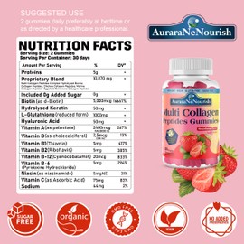 Multi Collagen Peptides Gummies, Sugar Free Hydrolyzed 5000mg Protein丨Type I,II,III,V,X with Biotin Hyaluronic Acid Vitamin C A D B6 B12 L-Glutathione for Skin Hair Nail Joint Bone -Strawberry Gummies