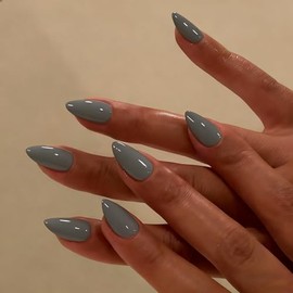 Uñas postizas cortas almendradas, uñas postizas grises cortas stiletto, uñas acrílicas puntiagudas con cobertura total brillante, uñas postizas con pe