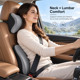 Premium Memory Foam Car Seat Cushion Set for Driving – Lumbar Back Support & Contoured Headrest for All-Season Comfort
