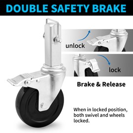 5INCH Scaffolding Wheels, Scaffold Caster Set of 4 with Dual Locking Brakes, Scaffolding Set Square 1-1/4" Stem, Heavy Duty 1410LBS Per Rubber Casters Replacement Swivel Caster Wheels for Scaffolding