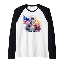 Bigfoot Watercolor Artwork American Flag 4th Of July Art USA Raglan Baseball Tee