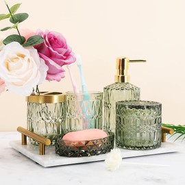 Bathroom Accessories Set,5Pcs Glass Bathroom Accessories Set, Lotion Dispenser, Soap Dish, Toothbrush Holder, Tumbler, Modern Bathroom Decor, Gift for Home Apartment (green)