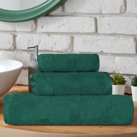 Superior Roma Cotton 3 Piece Assorted Towel Set, Highly Absorbent, Ribbed, Quick-Dry, Shower, Spa Basics, Home Essentials, Solid, Includes; 1 Bath Towel, 1 Hand Towel, 1 Face Towel, Evergreen