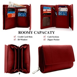 Woodland Leathers Purses for Women, Real Leather RFID Protection Small Purse Wallet with Card and Zip Coin Pockets (Red)
