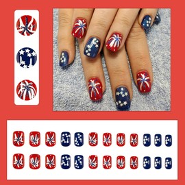 24Pcs Independence Day Press on Nails short Square Fake Nails 4th of July False Nails with Glitter Firework Stars Glue on Nails Patriotic Artificial Nails Stick on Nails DIY for Women Nail Decoration