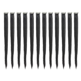 SWACC 12 Pcs Straight One Color Party Highlights Clip on in Hair Extensions Colored Hair Streak Synthetic Hairpieces (Black-1B)