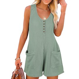 AlvaQ Rompers for Women 2025 Summer Sleeveless Round Neck Button Front Overalls Casual Shorts Jumpsuit Vacation Beach Outfits Rompers with Pockets,Green,Small