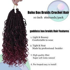 Goddess Box Braids Crochet Hair 10 Inch Bohemian Box Braids Crochet Hair with Curly Ends Boho 3X Synthetic Crochet Braiding Hair for Black Women (7 pack, 1b/bug#)
