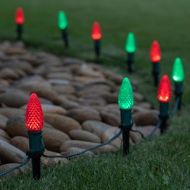 Wintergreen Lighting 50’ OptiCore LED Red and Green Pathway Christmas Lights, C9 Outdoor Landscape Lights, 4.5” Stakes, Green Wire Plug String Lights