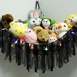 Stuffed Animals Net or Hammock with LED Light, Toy Hammock Net with Tassels Hanging Stuffed Animals Storage Holder Room Décor for Nursery Kids Bedroom (Black)