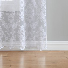 LinenZone Fiona Knitted Lace Curtain Medallion Design with Scalloped Bottom - Rod Pocket - Total Size 108 Inch Wide (54" Each Panel) - 96 Inch Long (2 Panels 54 x 96, White)