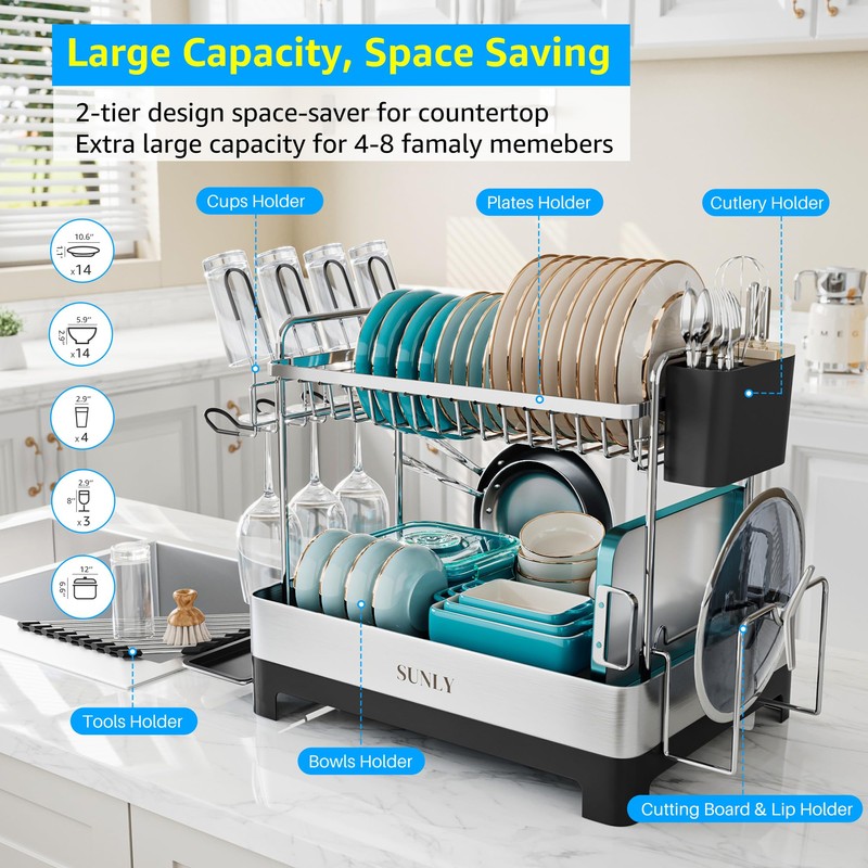 SUNLY 2 Tier Dish Drying Rack, Extra Large Dish Rack,