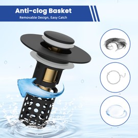 Universal Bathroom Sink Drain Strainer Hair Catcher Upgraded with Removable Stainless Steel Filter Basket, 3 in 1 Pop Up Sink Stopper for 1.1''~2.36'' Sink Basin Hole, Matte Black
