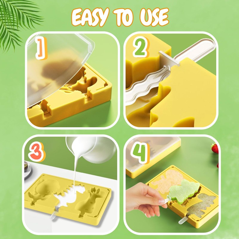 PTaizjjz Popsicles Molds,2PCS Silicone Dinosaur Popsicle Molds,Homemade Ice Pop Molds