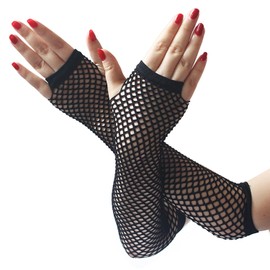 Dzrige Fingerless Fishnet Gloves Fishing Net Stretch Long Gloves Triangle Net Fingerless Gloves Women's Fingerless Mesh Gloves Fancy Dress Party Costume Accessories Supplies (Black)