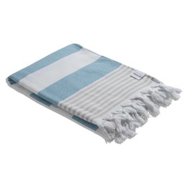 InfuseZen Terry Cloth Lined Turkish Bath & Beach Towel – Marine Stripe Design - 100% Organic Turkish Cotton - Soft, Lightweight, Absorbent - Quick Dry for Beach, Bath, Throw, Travel - Gray/Turquoise