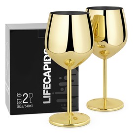 Lifecapido Stainless Steel Wine Glasses Set of 2, 18oz Stainless Steel Wine Goblets, Stemmed Metal Wine Glasses with Cup Brush for Party Office Wedding Anniversary, Great for Red White Wine (Gold)